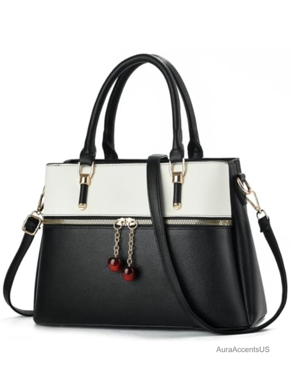 Dual-tone Satchel Purse Faux Leather 3 Zip Compartments Tote Handbag